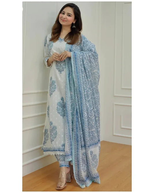 Blue-White Cotton Afghani Suit