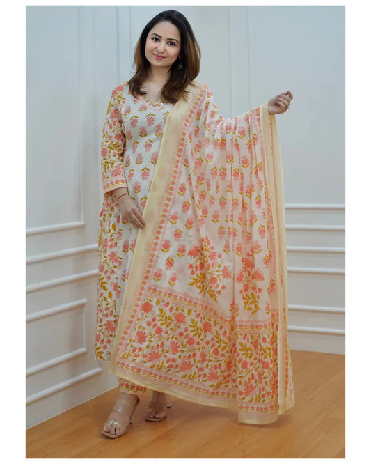 Ivory-Peach Floral Afghani Suit