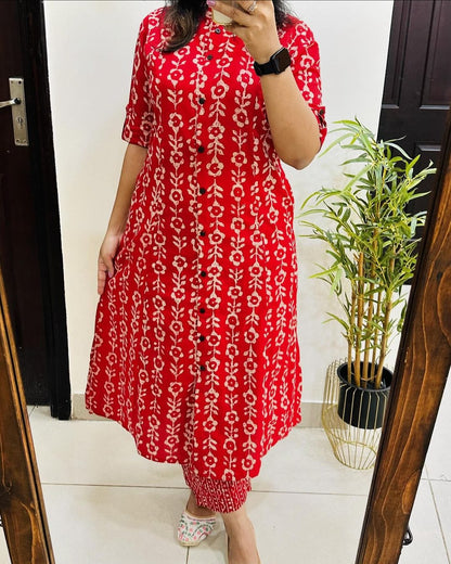 Red Cotton Kurta And Pant Co-Ord Set